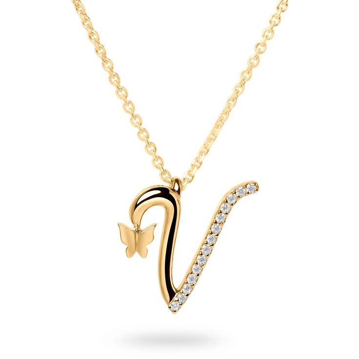 The “Letter V” pendant necklace features a delicate butterfly and lab-grown diamonds set in white or yellow gold. Available in 10K or 14K white or yellow gold pendants feature a 10K rose gold butterfly Available chain lengths: 16 and 18 inches Set with round lab-grown diamonds, .055 ctw Attention to quality and detail is paramount to Ivy Jewelry Made in New York City Inspiration Timeless. Sentimental. Elegant. The designer added a delicate butterfly to each letter in the series to symbolize a “b V Letter Gold Pendant, V Locket Letter Gold, V Initial Necklace, Loket Sets Gold Design, Simple Gold Locket Designs, Letter V Necklace, Letter Pendent, Ivy Jewelry, V Pendant