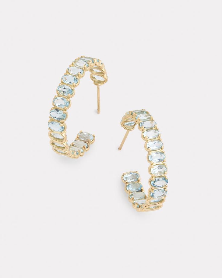 18K Yellow Gold Hoop Earring with Oval Shaped Aquamarine 1 Inch Diameter Style# YEOVHAQ Gold Hoop Earring, Pear Shaped Ring, Floral Necklace, Bracelet Collection, Gold Hoop, Gold Hoop Earrings, Pink Tourmaline, Ring Necklace, Oval Shape