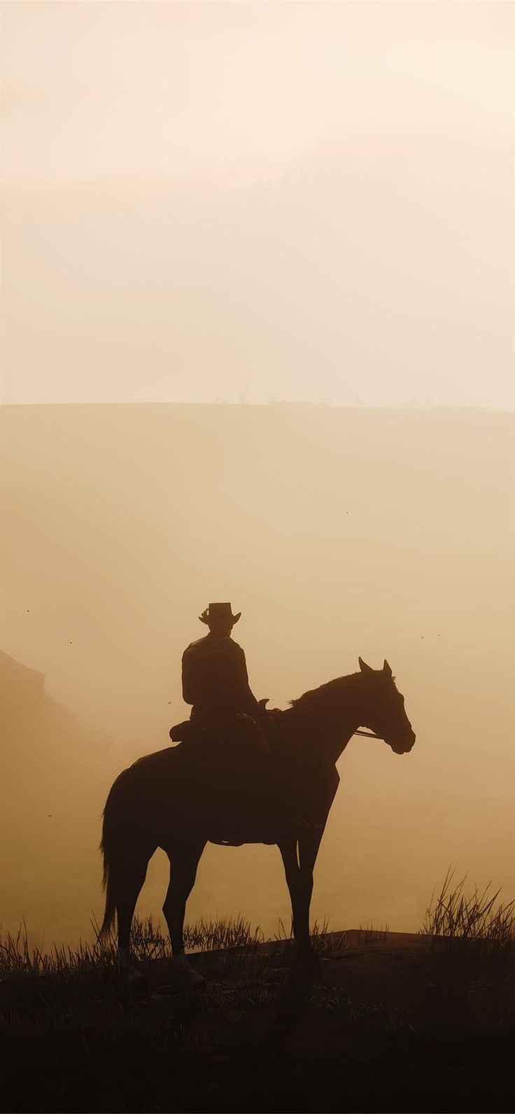 two cowboys sitting on horses in the middle of a foggy field with mountains in the background