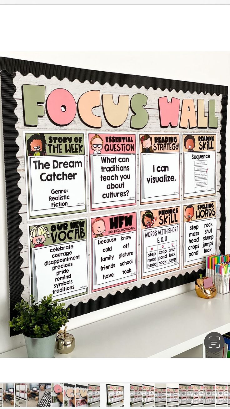 a classroom bulletin board with pictures on it