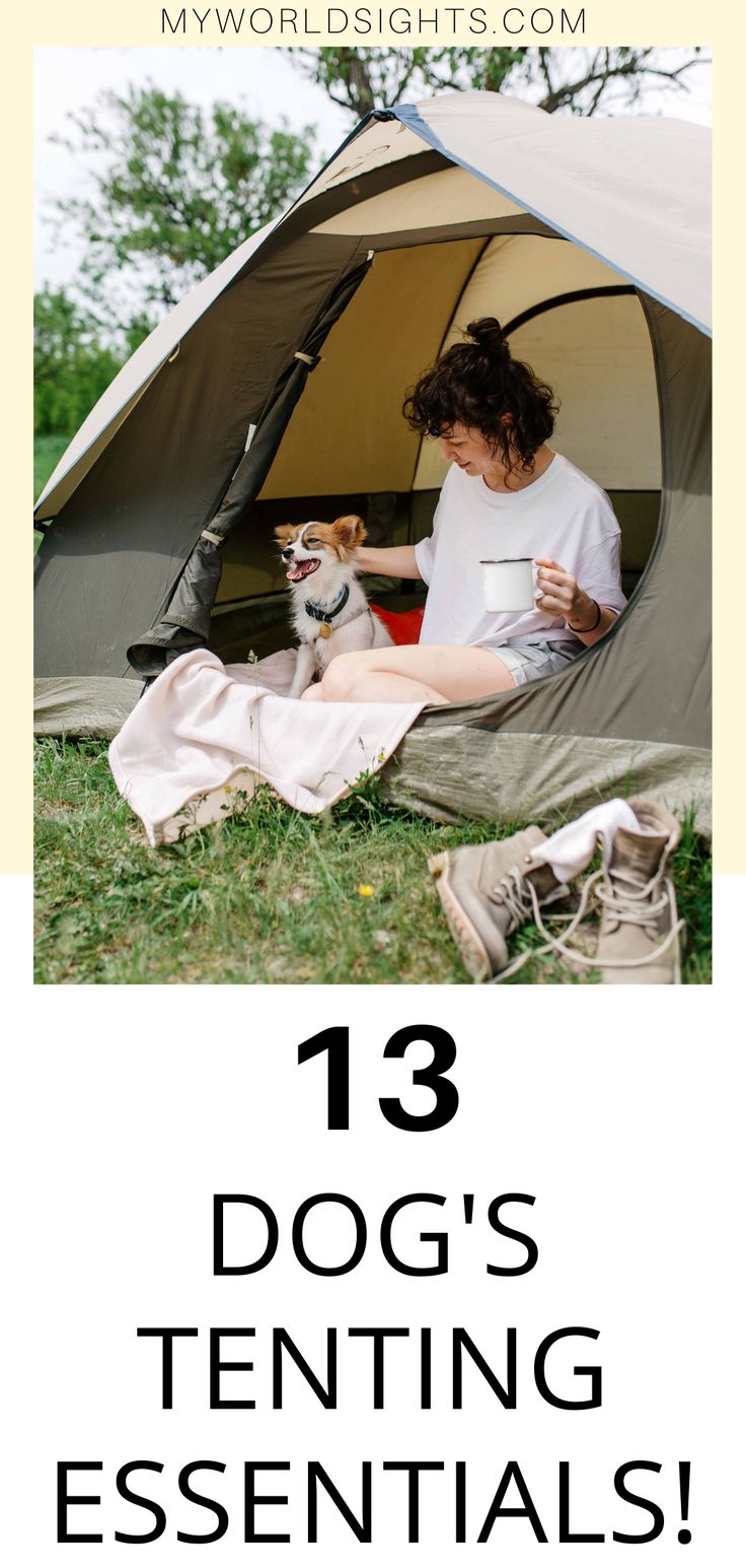 a woman sitting in a tent with her dog on the grass and text that reads, 13 dogs'tenting essentials