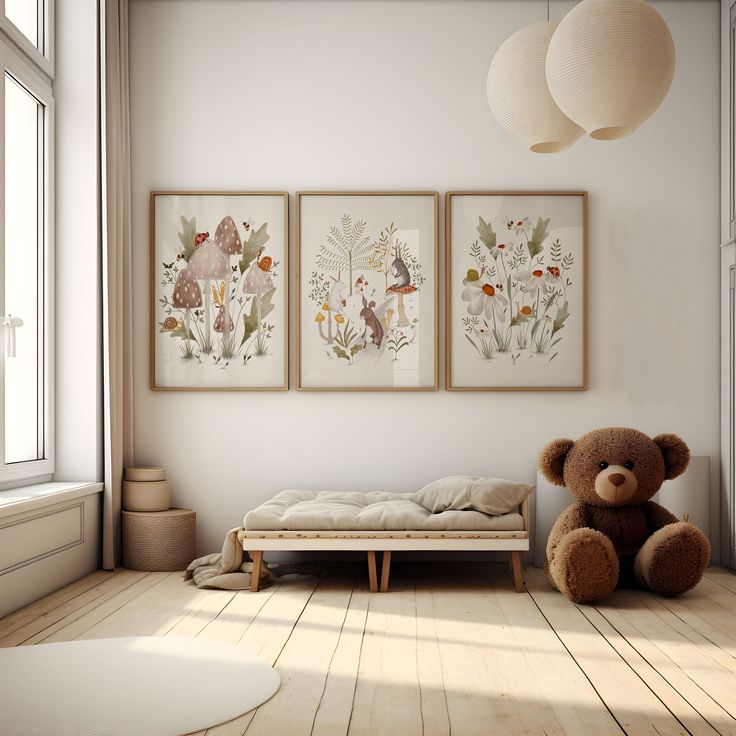 a teddy bear sitting in front of three paintings on the wall next to a bed