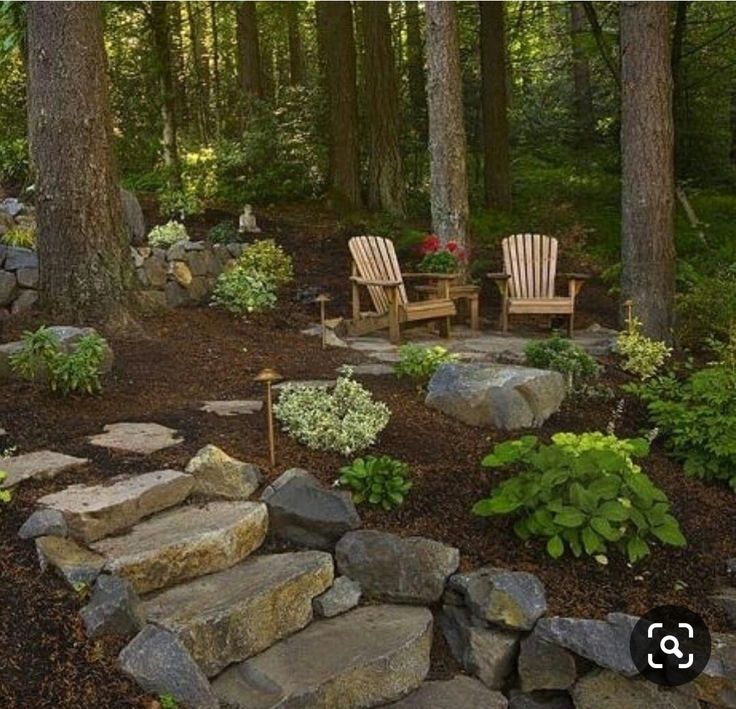 two adiron chairs sitting in the middle of a forest with rocks and plants around them