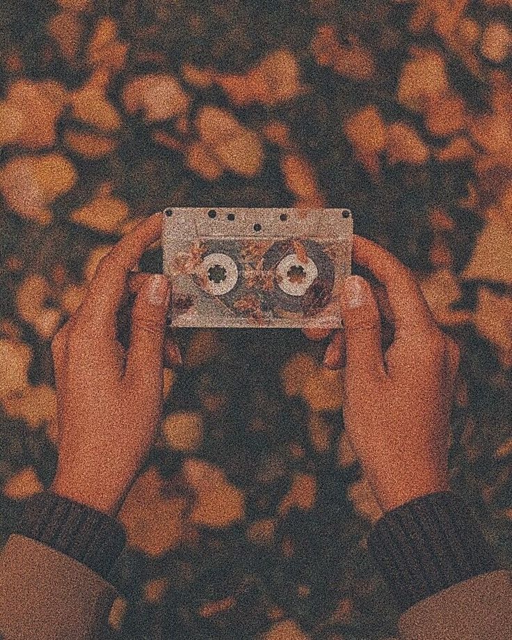 two hands holding an old fashioned cassette in front of a tree with leaves on it