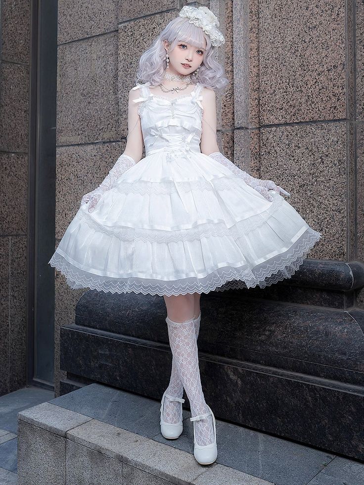 Women’s JSK Cosplay Lolita Strap Midi Dress White Fitted Kawaii Cosplay Costume, Kawaii White Fitted Cosplay Costume, Fitted Sleeveless Harajuku Dress, Fitted Sleeveless Harajuku Style Dresses, White Fairy Kei Dress For Cosplay, White Harajuku Cosplay Costume, White Kawaii Costume For Cosplay, White Harajuku Style Cosplay Costume, White Fitted Kawaii Dress