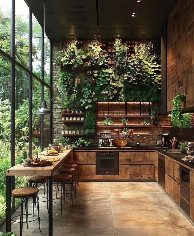 a kitchen filled with lots of wooden furniture and plants growing on the wall behind it