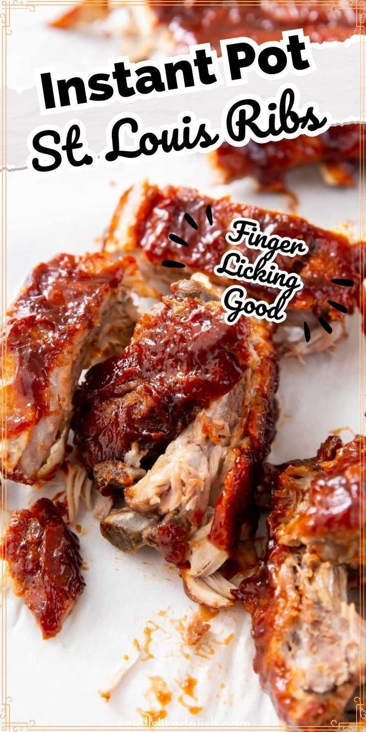 instant pot st louis ribs with bbq sauce on the side and text overlay that reads instant pot st louis ribs