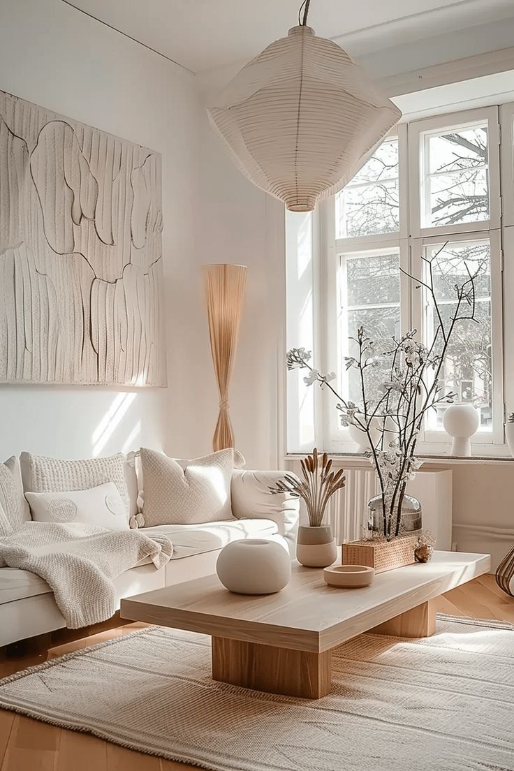 a living room filled with furniture and a large window next to a white rug on top of a hard wood floor