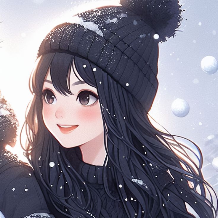 a girl with long black hair wearing a winter hat and holding her hands up in the air