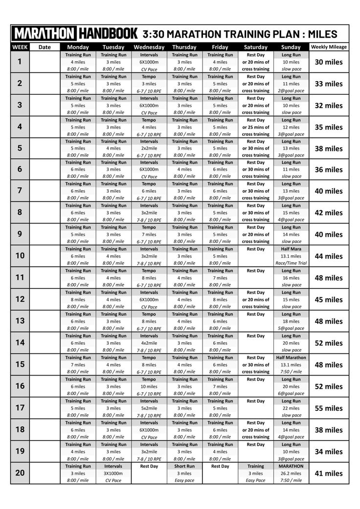 the marathon training plan is shown in black and white, with numbers on each side