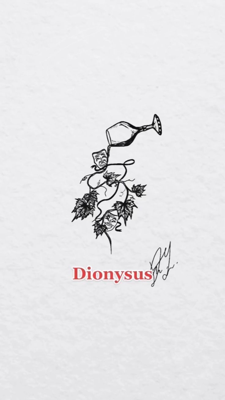 a drawing of a man holding a wine glass with the word dionryss on it