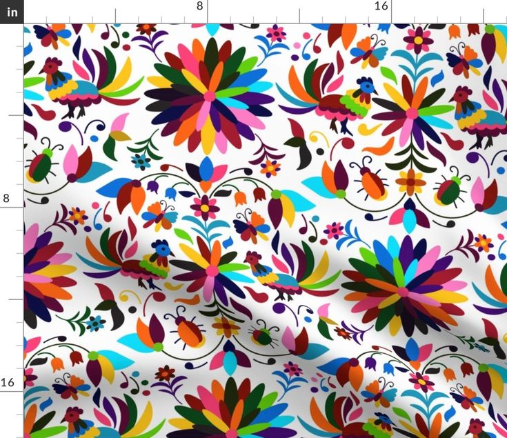 an image of colorful flowers on white background with measurements for the width of the fabric