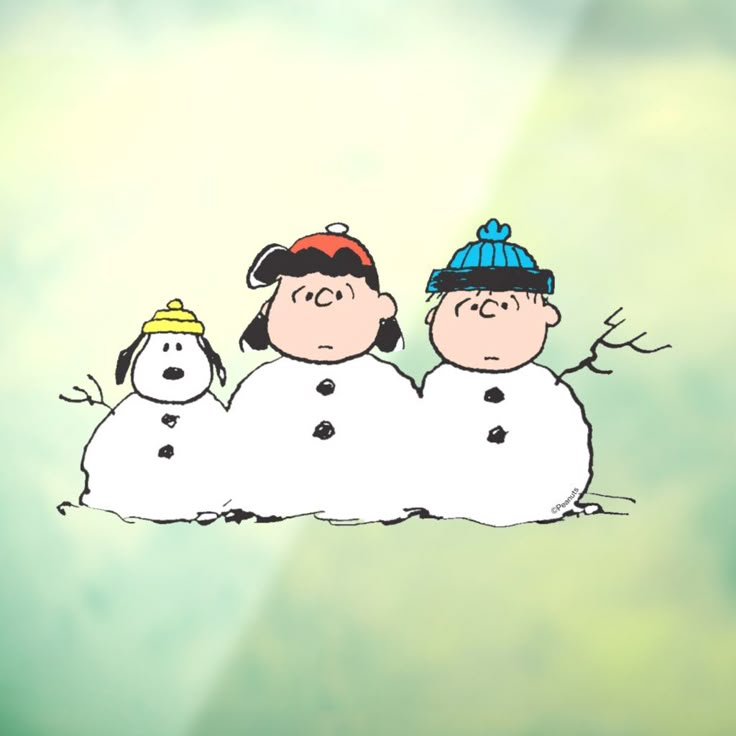 three cartoon characters sitting on top of each other in the air with snowmen around them