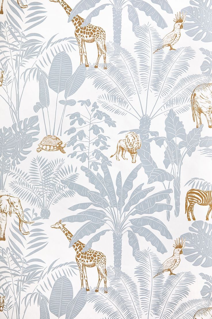 an animal themed wallpaper with giraffes, zebras and palm trees