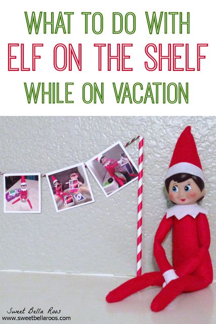 an elf sitting on the floor next to a wall with pictures hanging from it and text overlay that says, what to do with elf on the shelf while on vacation