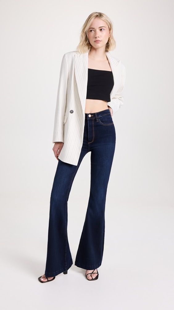 Mid-rise Denim Blue Flares For Fall, Dark Wash Flares With Five Pockets For Fall, Dark Wash Flare Jeans For Fall, Fall Flare Dark Wash Jeans, Dark Wash High-waist Flares For Fall, Dark Wash High Waist Flares For Fall, Slim Fit Jeans With Button Closure For Fall, Chic Flare Jeans For Fall, Mid-rise Button Closure Flare Jeans For Fall