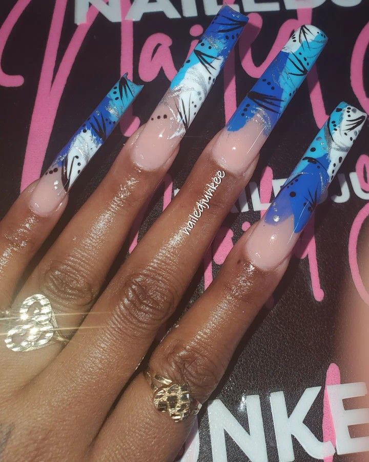 90s Blue Nails, 90s Nails Acrylic Black Women Designs, 90s Design Nails, Nails Different Shades, 90s Theme Nails, Blue Y2k Nails, 90s Nails Acrylic, Butterfly Stomach, David East