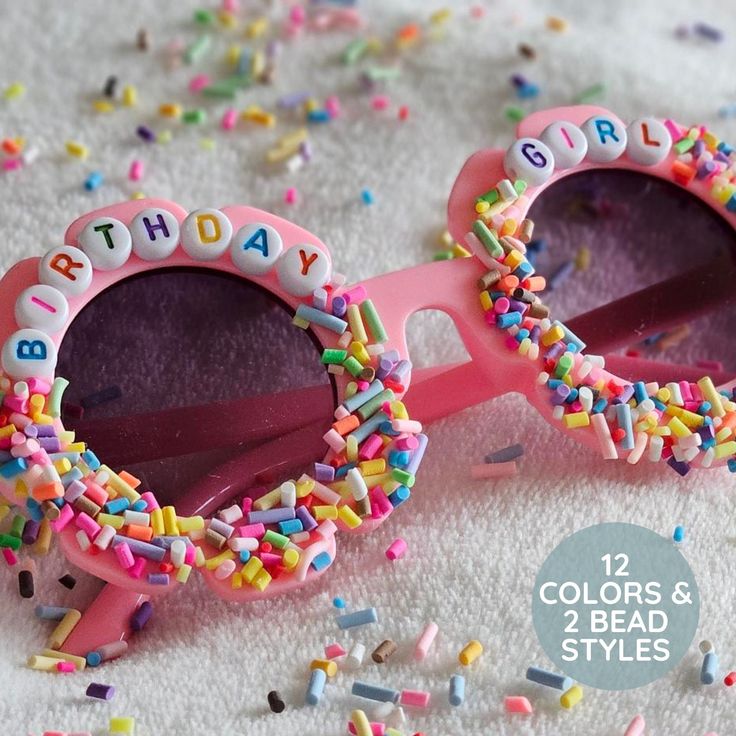 "Let the celebration begin!  These sprinkle sunglasses are the perfect, over-the-top accessory all babies, toddlers, and young kids alike should be wearing to make a memory out of their special day. Whether it's a birthday, dance recital, or first day of school....every day is a celebration! Imagine the sweet memories you'll have looking back on your child wearing these novelty sunnies!  The text can be customized, beads have two color choices, and there's 12 color options for the glasses. Pleas Ice Cream Glasses, Birthday Dance, Scream 4, Sunglasses For Kids, Novelty Glasses, Dance Recital Gifts, Toddler Dance, Candyland Party, Dance Recital