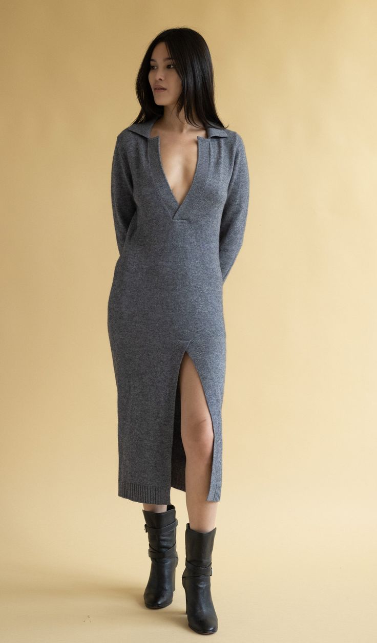 Heavy weight polo sweater dress featuring a deep neckline and high slit. DETAILS FIT: Model is 5'9" and is wearing a size S. FABRIC: 100% cashmere CARE: Hand wash cold with like colors. Lay flat to dry, low iron if needed. Ribbed Maxi Dress, Silk Slip Dress, Ribbed Turtleneck, Cashmere Turtleneck, Deep Neckline, Polo Sweater, Slate Gray, Silk Slip, Clothes Ideas