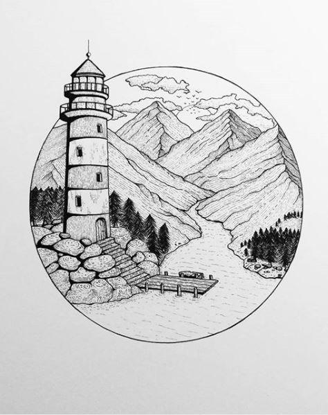 a black and white drawing of a lighthouse in the middle of mountains with trees around it