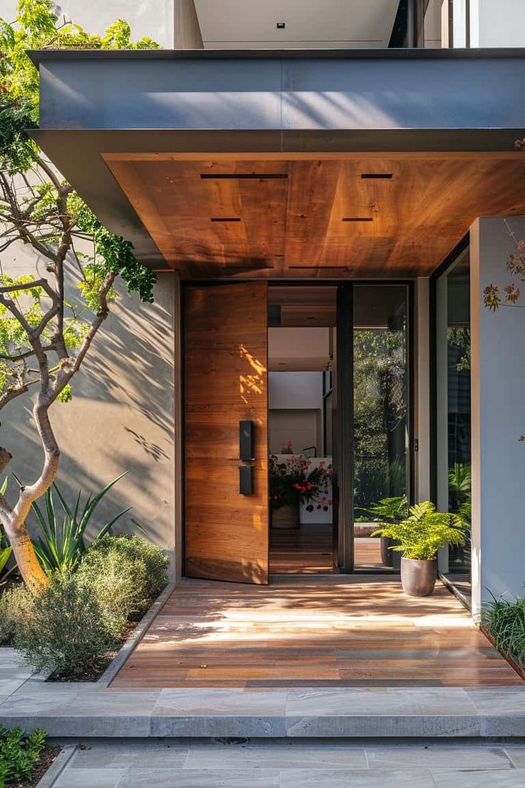 an entrance to a modern home with wood and glass doors, surrounded by greenery