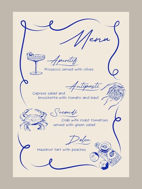 a menu with blue ink on white paper