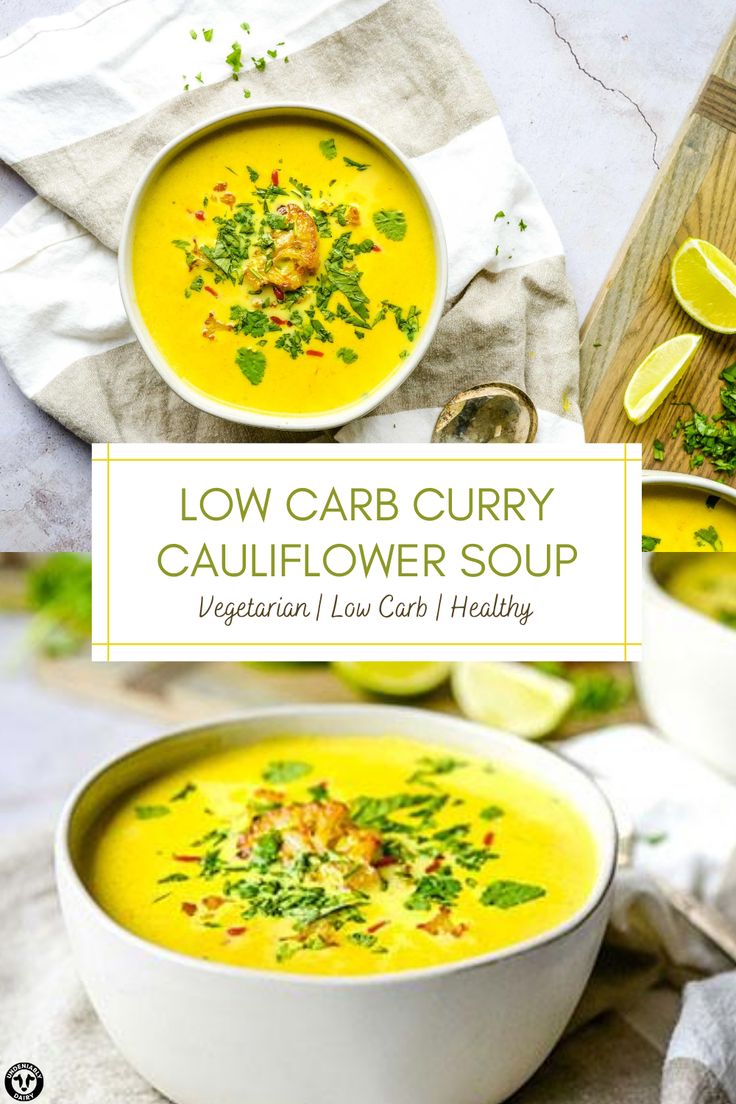 two bowls of low carb curry cauliflower soup with garnishes