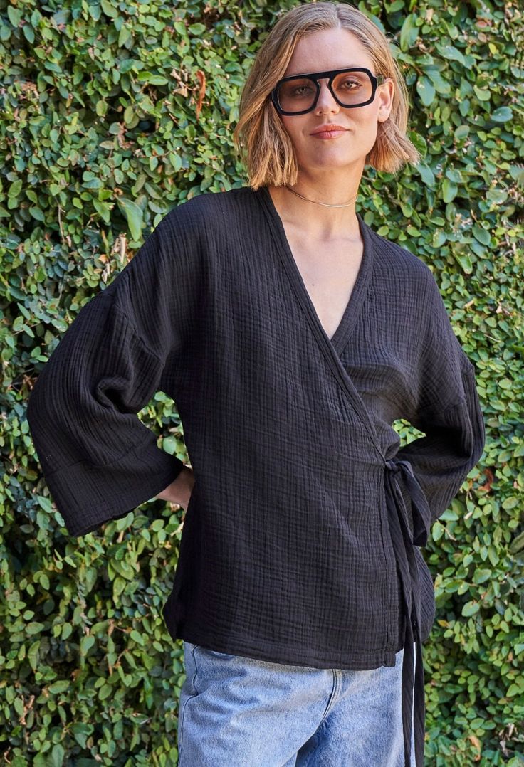 Black Kimono Sleeve Gauze Wrap Top - ocean+main Kimono Street Style, Kimono Wrap Top, Linen Wrap Top, Kimono Style Tops, Black Kimono, Palazzo Pant, Kimono Wrap, Kimono Sleeves, By The Ocean