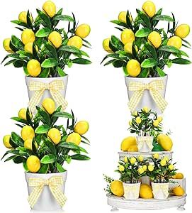 three tiered planters with lemons and greenery in them, each decorated with a bow