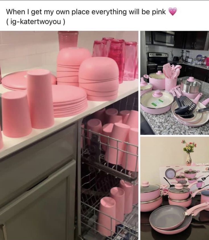 pink dishes and cups are stacked on top of each other