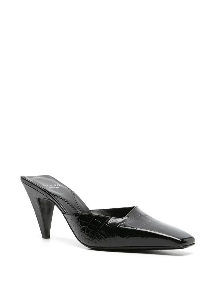 Gucci Mock 75kmm Leather Mules - Farfetch Black Luxury Mules With Sculpted Heel, Luxury Black Mules With Sculpted Heel, Luxury Pointed Toe Mules With Padded Heel, Luxury Pointed Toe Mules With Reinforced Heel, Luxury Pointed Toe Mules For Office, Luxury Patent Leather Mules With Sculpted Heel, Luxury Patent Leather Pointed Toe Mules, Luxury Patent Leather Mules With Padded Heel, Sleek Patent Leather Mules For Formal Occasions