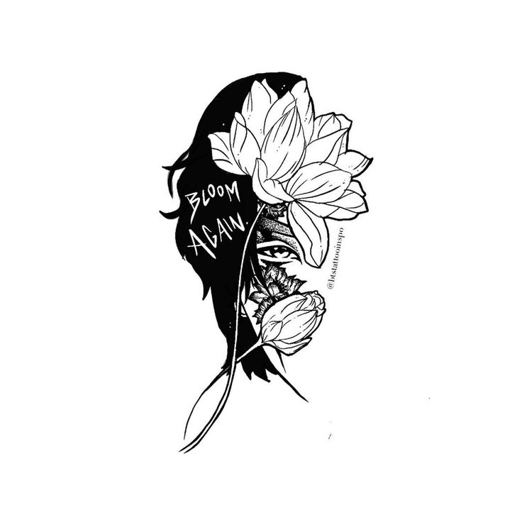 a black and white drawing of a woman's face with flowers in her hair