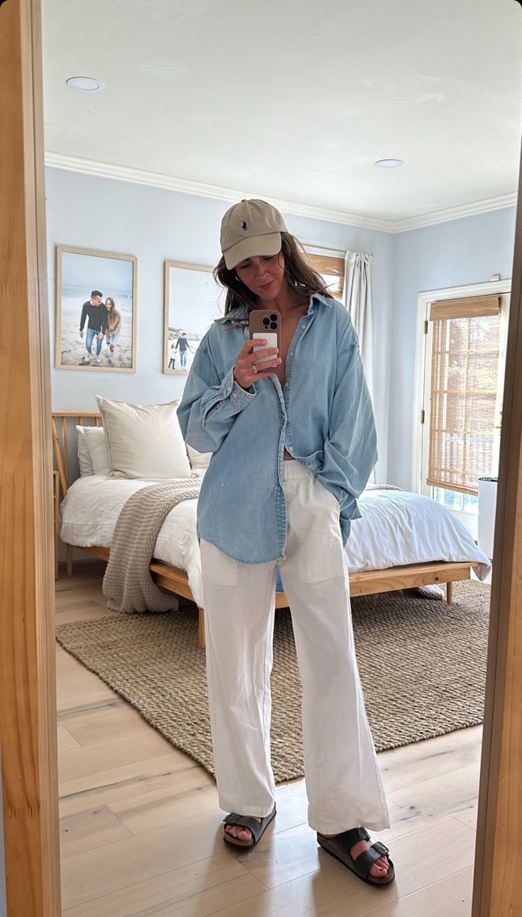 Chilly Summer Outfit Casual, Cute Breakfast Outfits Summer, Work Beach Outfit, Summer Jeans And Sneakers Outfit, New England Aesthetic Outfits, Hawaii Outfits Modest, White Linen Pants Outfit Fall, Casual Button Down Outfit, White Linen Top Outfit