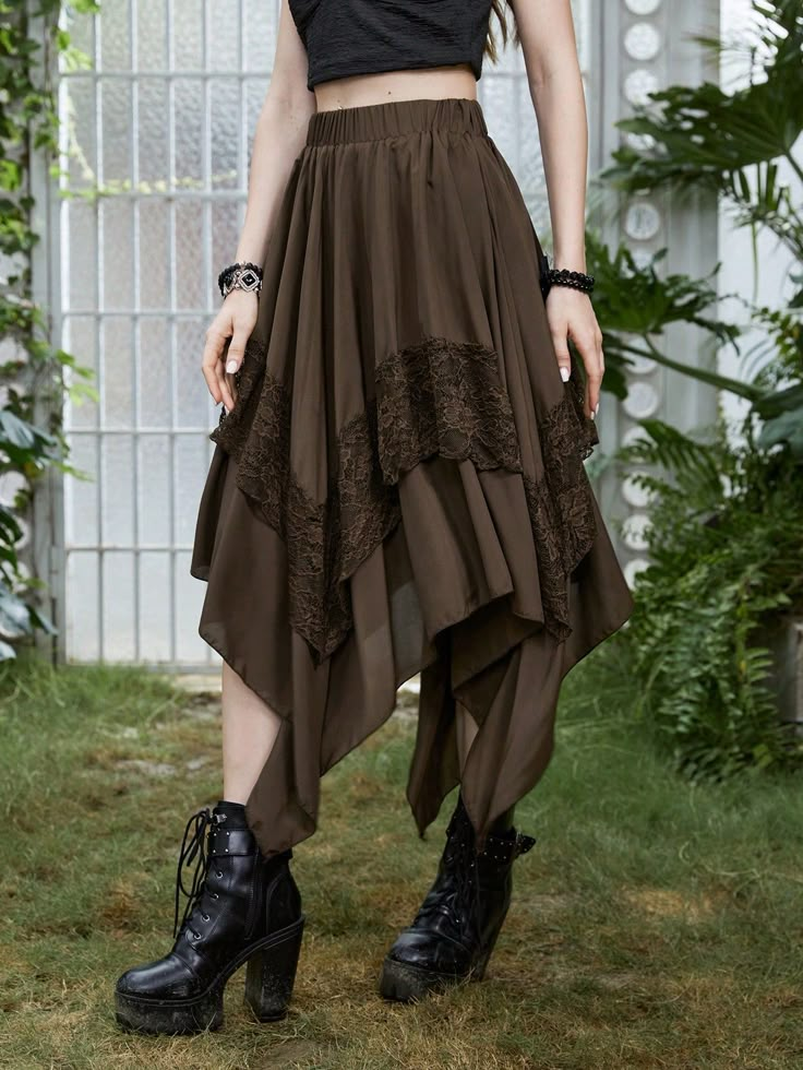 Contrast Lace Hanky Hem Skirt Coffee Brown Casual   Fabric Halloween,Plain Asymmetrical Non-Stretch  Women Clothing, size features are:Bust: ,Length: ,Sleeve Length: Long Hippy Skirt, Viking Clothes Aesthetic, Cute Clothes Vintage, Long Cottagecore Skirt, Alternative Boho Outfits, Grunge Outfits On Amazon, D&d Clothes, Grunge Upcycle Clothes, Skatercore Outfits