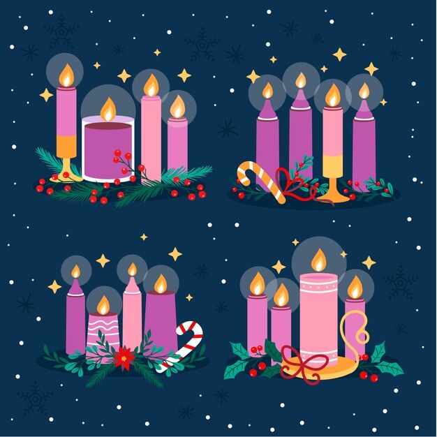 christmas candles with holly wreath and candy canes on blue background, set of four