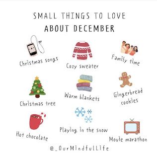 small things to love about december in english and spanish, including christmas sweaters, hot chocolate, snowflakes, hot chocolate