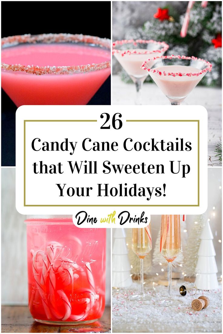 Collage of 4 candy cane cocktails. Candy Cane Drink, Candy Cane Rimmed Drink, Candy Cane Vodka Drinks, Candy Cane Drinks Christmas Cocktails, Candy Cane Cocktails, Candy Cane Mocktail, Candy Cane Drinks, Candy Cane Martini, Candy Cane Cocktail