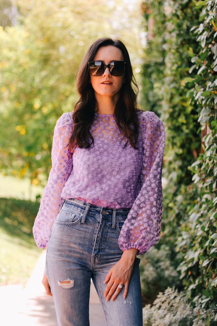 Lavender Top Outfit Jeans, Light Purple Top Outfit, Purple Top And Jeans Outfit, Lavender Blouse Outfit, Lavender Top Outfit, Jeans Blouse Outfit, Purple Top Outfit, Lavender Shirt, Purple Night