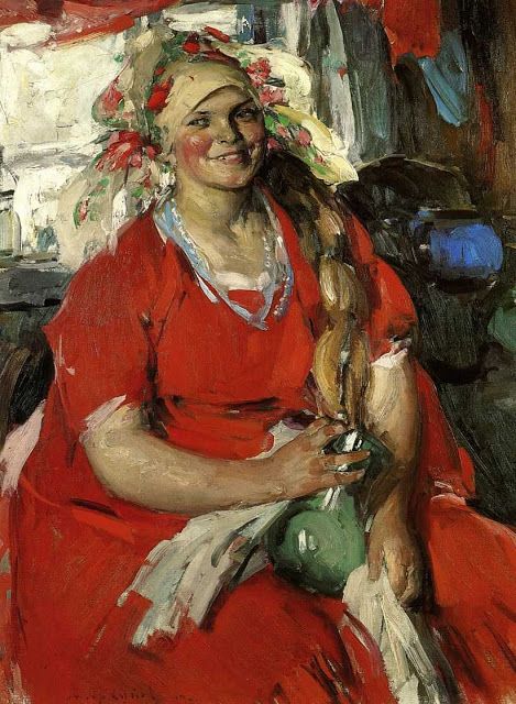 a painting of a woman in a red dress holding a green object and smiling at the camera