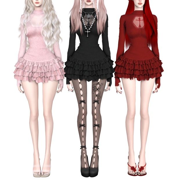 three different types of female clothing with long sleeves and tights, one in red, the other in black