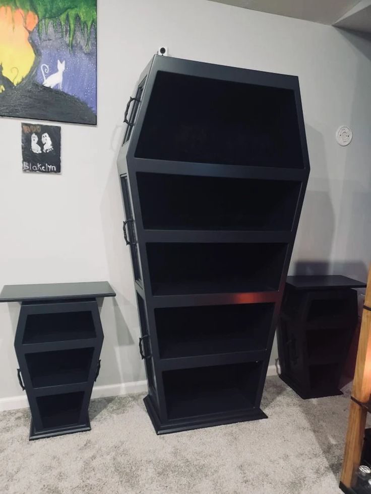 two black shelves sitting next to each other in a room with carpeted flooring