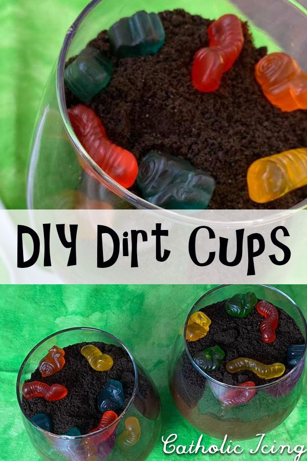 two bowls filled with dirt and gummy bears on top of each other, next to the words fun bug snack