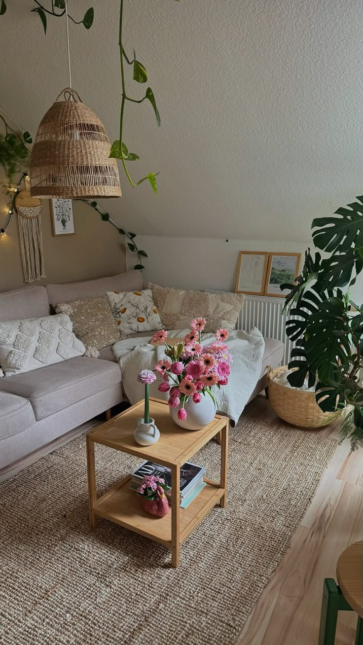 a living room filled with lots of furniture and flowers on top of a coffee table