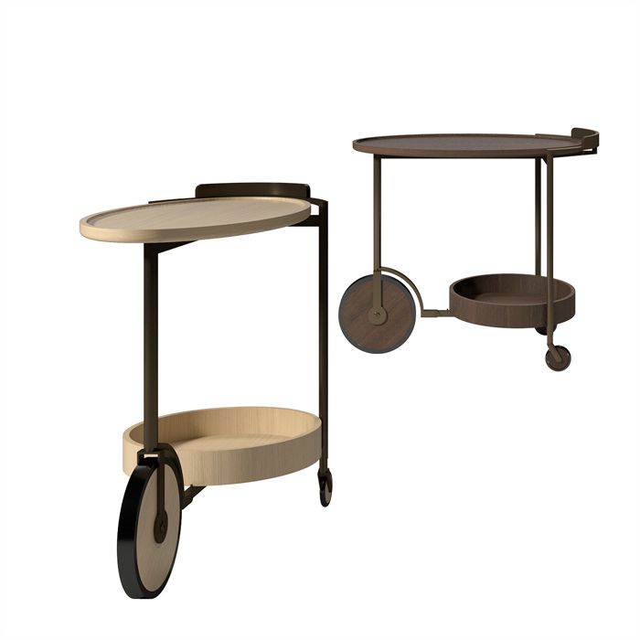 two tables with wheels on each side, one is brown and the other is beige