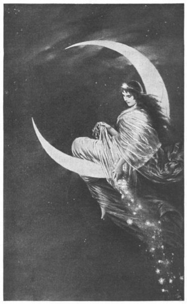 a woman is sitting on the moon with her hair blowing in the wind and looking up at the sky