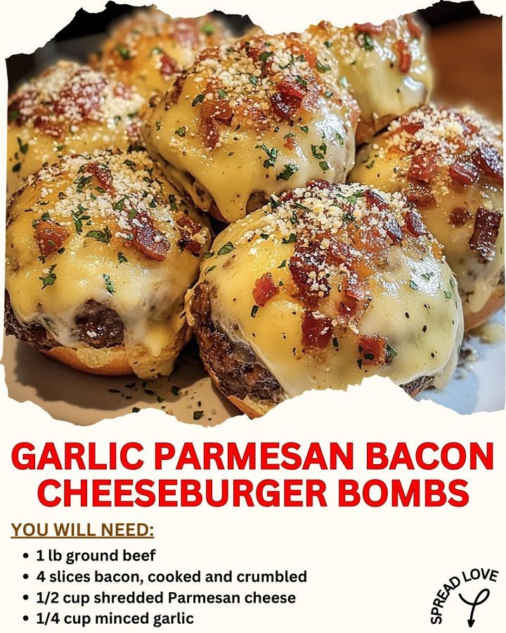 🔥 Garlic Parmesan Bacon Cheeseburger Bombs 🧄🥓🍔 – The ULTIMATE bite-sized explosion of flavor! Perfect for game days, parties, or whenever you're craving something irresistible! 🌟 Ingredients: 1 lb ground beef 4 slices bacon, cooked & crumbled 1/2 cup shredded Parmesan cheese 1/4 cup minced garlic 1 package biscuit dough 1/4 cup melted butter ✨ Instructions: Prepare the Beef: Shape the ground beef into mini patties and cook until they’re juicy and browned to perfection! Assemble the Bombs: ... Biscuit Dough, Keto Dinners, Garlic Parmesan Chicken, Bacon Cheeseburger, Crumbled Bacon, Beef Recipes Easy, Beef Recipes For Dinner, Garlic Parmesan, Crispy Bacon