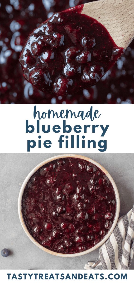 homemade blueberry pie filling in a bowl with a wooden spoon on the side and text overlay that reads homemade blueberry pie filling