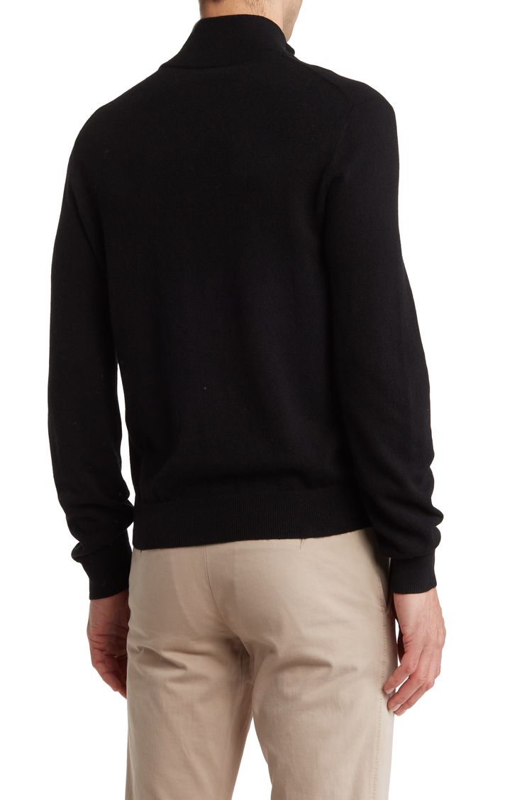 A long-sleeve pullover topped with a quarter-zip closure is knit from cashmere that offers lasting comfort and coziness. Quarter-zip closure Stand collar Long sleeves 100% cashmere Dry clean Imported Long Sleeve Sweater With Zipper For Layering, Long Sleeve Sweater With Zipper Closure For Layering, Black Merino Wool Polo Sweater For Fall, Half-zip Sweater With Ribbed Cuffs For Fall, Fall Crew Neck Sweater With Zipper Closure, Black Quarter Zip Sweater Outfit, Casual Cashmere Turtleneck Cardigan, Wool Half-zip Sweater For Fall, Winter Crew Neck Sweater With Zipper Closure