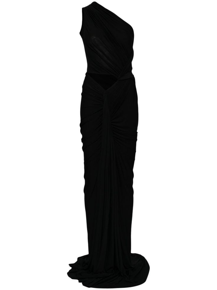 black stretch-design draped design one-shoulder sleeveless floor-length Draped Gown, The Rick, Rick Owens Lilies, Drape Gowns, Asymmetrical Cut, Gown Black, Sleeveless Gown, Designer Drapes, Black Stretch