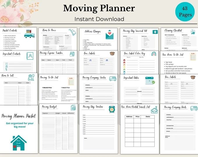 the printable moving planner is shown in blue and white with pink flowers on it